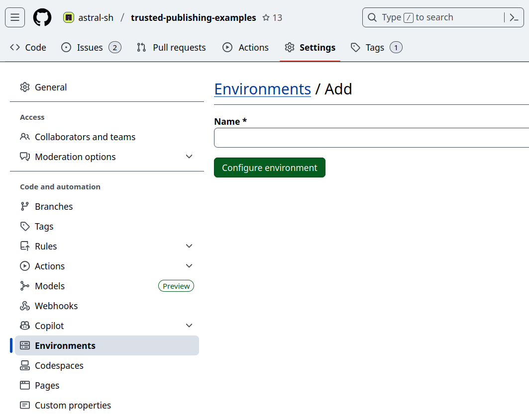 GitHub 设置对话框,显示如何在 "Settings" -> "Environments" 下添加 "pypi" 环境